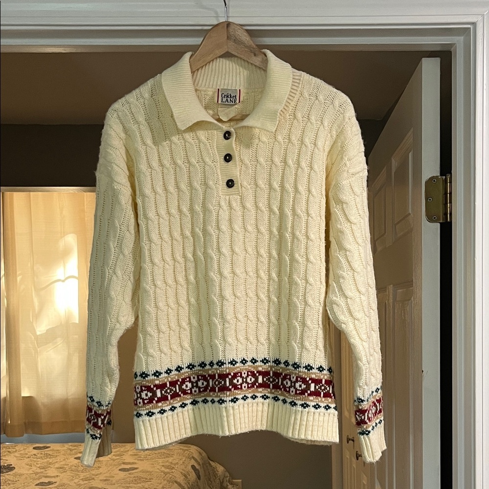 Vintage Cream Cable Knit Polo Sweater
